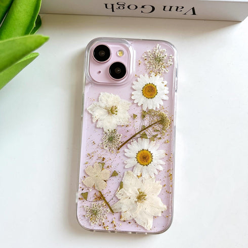 Clear Case for iPhone 13/14/15 with Pressed Real Flowers Design, Glitter Cute White Floral Pattern Soft TPU Cover