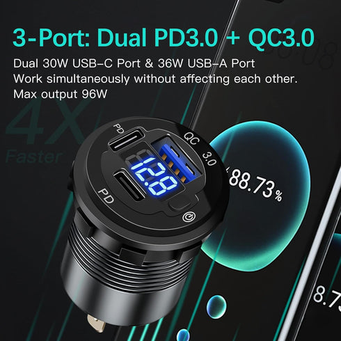 12V USB Outlet 78W, 3 Port USB C Fast Charger with Switch & Voltmeter, Waterproof Car Charger Socket for Marine RV Truck
