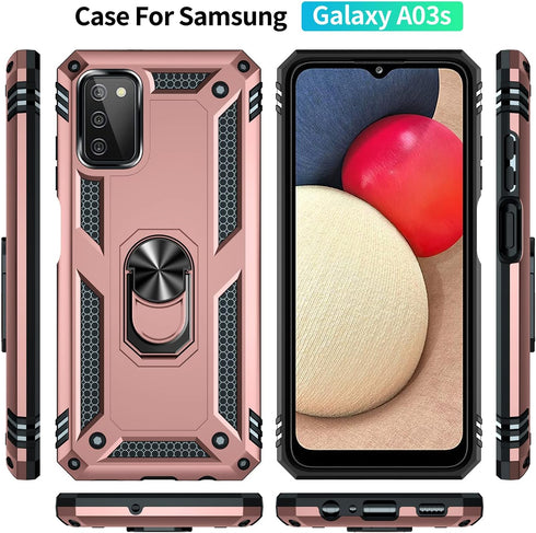 Military Grade Drop Impact Samsung Galaxy A03S Case - 360 Metal Rotating Ring Kickstand Holder Heavy Duty Case