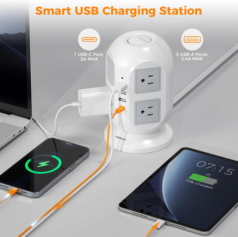Tower Surge Protector Power Strip, 10 ft, TESSAN Long Flat Extension Cord with 8 AC Outlets and 4 USB Ports