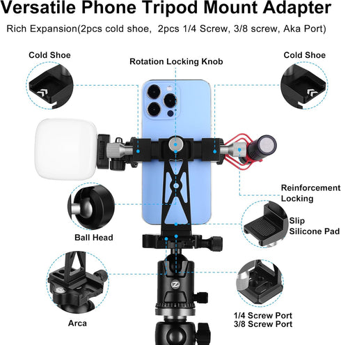 Peastrex 360Ball Metal Phone Tripod Mount Extra Deep Clamp with Arca Port Cold Shoe Head Cellphone Tripod Adapter