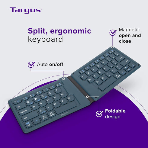 Targus Ergonomic Foldable Bluetooth Keyboard, Split Travel Wireless Keyboard, Rechargeable for Android, iPhone,
