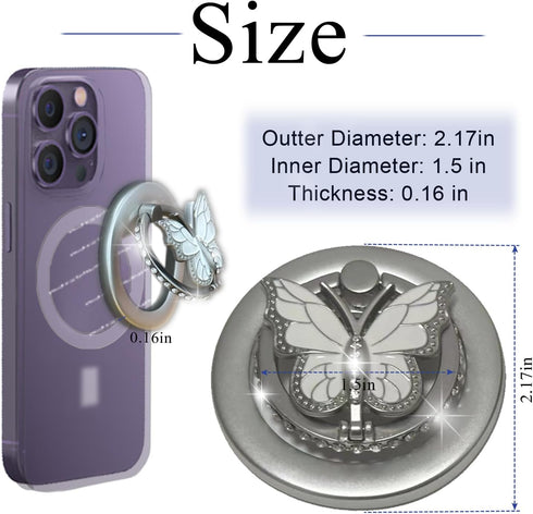 Magnetic Phone Ring Holder Compatible with MagSafe Grip, Adjustable Angle Butterfly Phone Ring Stands, Silver