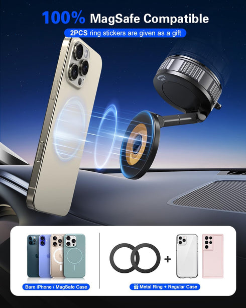 volport 360Adjustable Dashboard Suction Cup Phone Mount for Magsafe: Dual Rotatable Nano Gel Vacuum Magnetic Phone