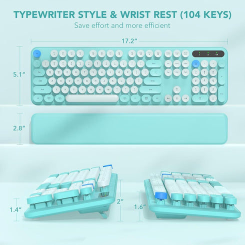SABLUTE 2.4GHz Wireless Keyboard, Round Keycaps, Retro Typewriter Keyboard with Detachable Wrist Rest, Sleep Mode