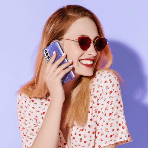 ULAK Clear Glitter Case for Samsung Galaxy S21 5G, Sparkly Soft TPU Bumper Bling Cover for Women Girls - Blue+Purple
