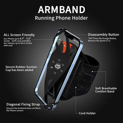 Armband Phone Holder 360° Rotation & Detachable, Compatible with iPhone 15/14/13/12/Pro/Pro ect., Samsung, and More Fits 4.7''-7.5'' Phones Ideal for Walking Running