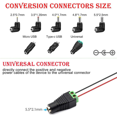 MEROM Universal 5V DC Power Cable, USB to DC 5.5x2.1mm Charging Cord with 8 Connector Tips (5.5x2.5, 4.8x1.7, 4.0x1.7,