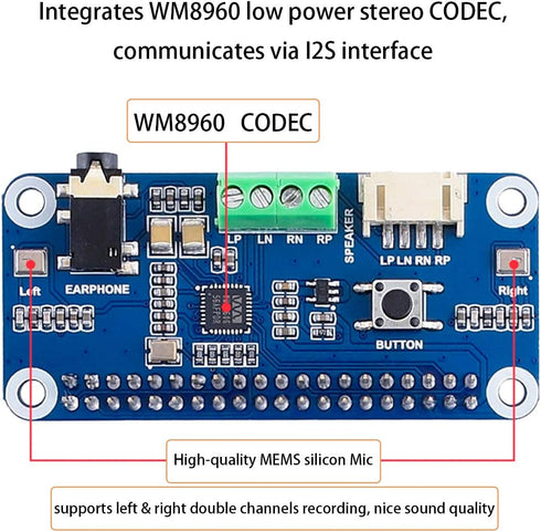 WM8960 Audio HAT Module for Raspberry Pi 4B/3B+/3B/2B/B+/A+/Zero/Zero W, Hi-Fi Sound Card HAT Stereo CODEC