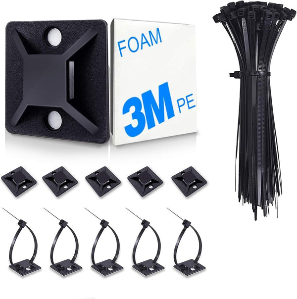 HUASAI 4/5" 100 Pack Zip Tie Mount With Cable Ties,Self Adhesive-backed Mounts