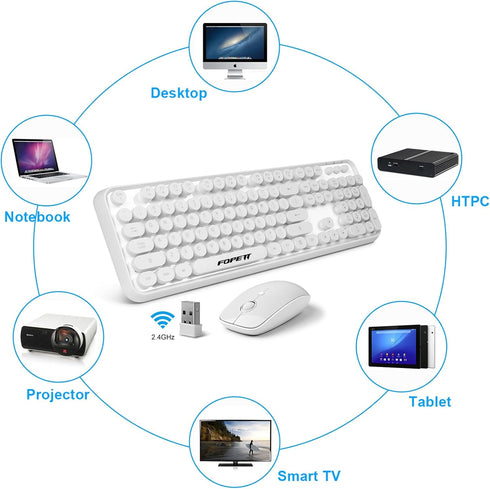FOPETT Wireless Keyboard and Mouse Combo, 2.4G Full-Sized White Keyboard with Round Keycaps for Laptop/PC