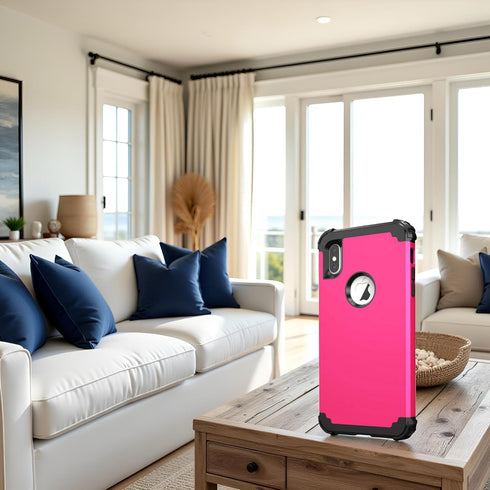 IDweel for iPhone Xs Max Case with Tempered Glass Screen Protector, 3 in 1 Heavy Duty Protection, Rose Red