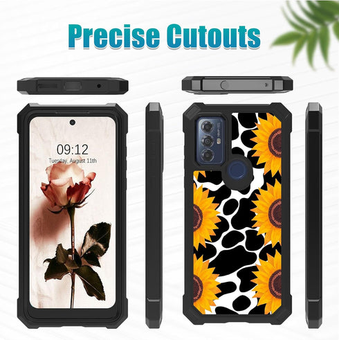 Shop Motorola Moto G Play 2023 Case with Glass Screen Protector, Heavy Duty PC & TPU, Shockproof - Cow Print Sunflowers.