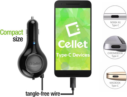 Cellet USB-C Retractable Car Charger, Fast Charger for iPhone 15, Samsung Galaxy, LG, and More