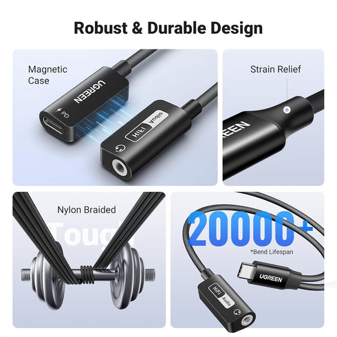 UGREEN Magnetic USB C to 3.5mm Audio Adapter and Charger, 2 in 1 Hi-Res 32bit/384kHz Aux to USB C with PD 60W Fast