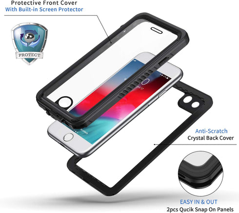 Lanhiem Heavy Duty Full Body Protective Case for iPhone SE 2022 2020, iPhone 7 8, IP68 Waterproof Dustproof, Black