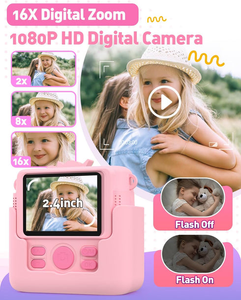 Kids Camera Instant Print - 1080P Digital Camera Toy with 32GB SD Card, Silicone Cover, Pink, Creative Gifts for Girls