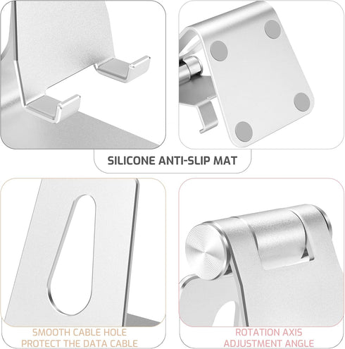 Aluminum Alloy Adjustable Cell Phone Stand, Metal Desktop Holder, Smartphone Cradle, Silver