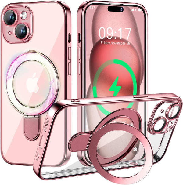 iPhone 15 Magnetic Case with Invisible Stand, Full Camera Lens Protector, Shockproof, Slim, Pink, Military Drop