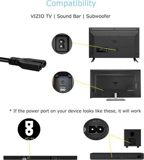 TONIWA 12ft AC Power Cord Compatible with Vizio Sound Bar System, Vizio E-M Series LED Smart TV