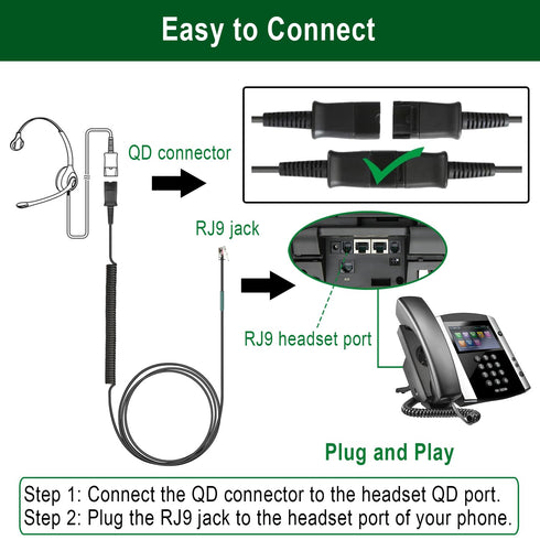 U10P Headset Adapter RJ9 to QD Cable for Plantronics Quick Disconnect Headset, Compatible with Polycom VVX Series Phones