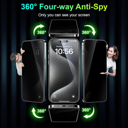 Esanik 2 Pack Privacy Screen Protector for iPhone 15 Pro Max 6.7'' - 360° Anti-spy, 9H Tempered Glass, Installation