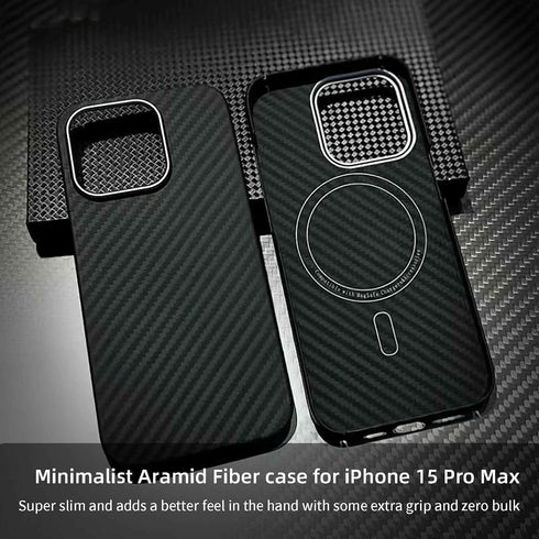 Aramid Fiber Case for iPhone 15 Pro Max - Carbon Fiber Texture, Compatible with MagSafe, Super Slim Light Protective