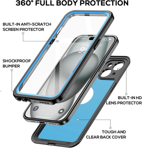 Waterproof Case for iPhone 15 Plus, Shockproof IP68 Full-Body Sturdy Cover, Built-in Screen Protector, Durable