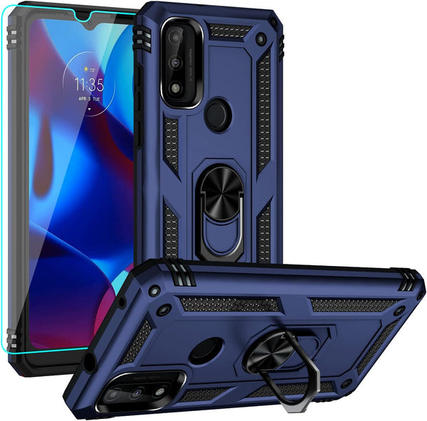 for Moto G Pure Case with HD Screen Protector, Military Grade Ring Car Mount Kickstand Hybrid Hard Soft TPU (Blue)