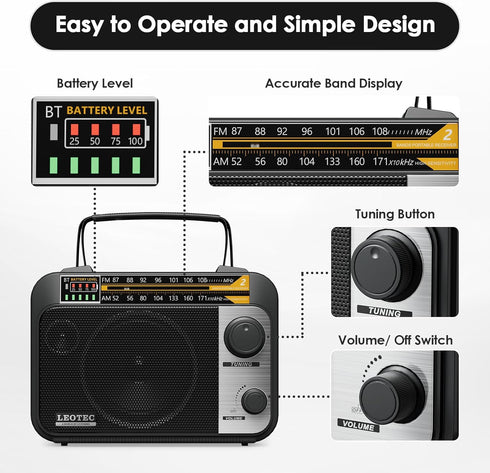 LEOTEC AM FM Radio with Bluetooth - Portable Vintage Transistor Radio, Rechargeable Battery/4 AA Cell Battery