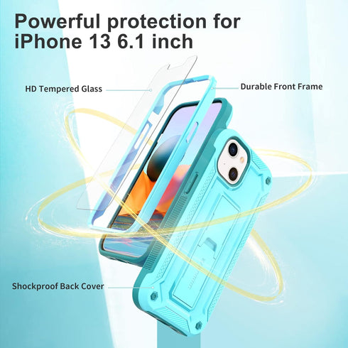 URBANITE for iPhone 13 Case with Kickstand, Military Grade Shockproof Protection Cover with Screen Protector Compatible with Apple iPhone 13 6.1 Inch Phone (Sky Blue)