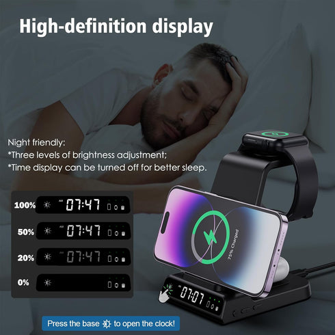 YiJYi 3 in 1 Wireless Charging Station with Digital Clock for iWatch SE/6/5/4/3/2/1, AirPods Pro, iPhone 15/14/13/12/11