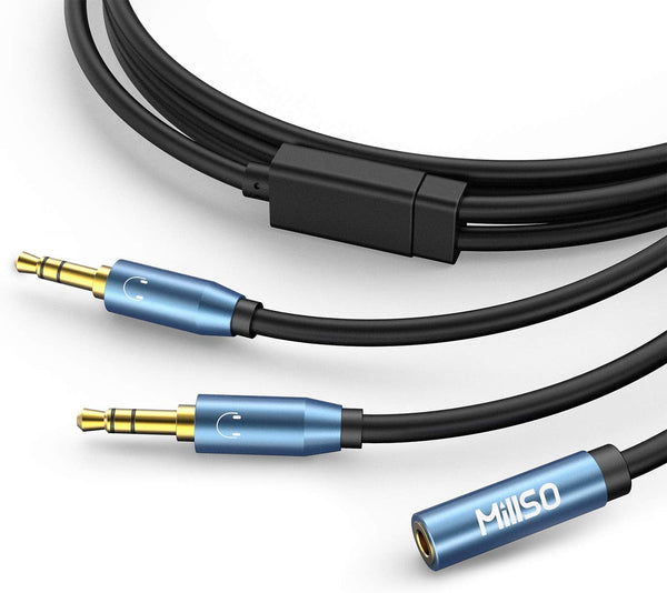 MillSO Audio Splitter, Female to 2 Male 3.5mm TRS Audio Splitter, 8 Feet Sapphire Blue & Gold-Plated Stereo Jack