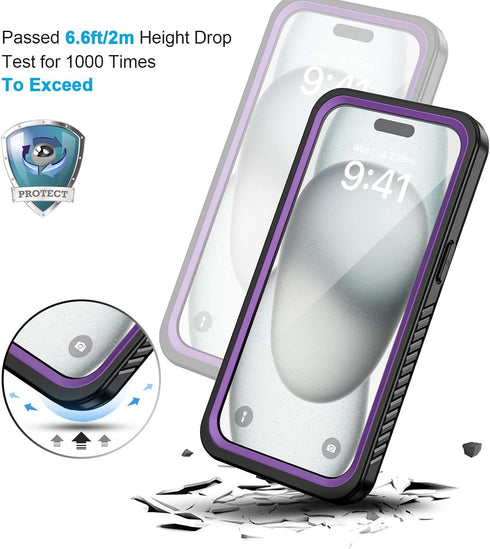 Lanhiem for iPhone 15 Plus Case, IP68 Waterproof Dustproof with Built-in Screen Protector, 360 Full Body Cover, Purple