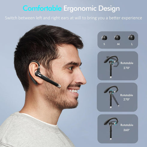 Bluetooth Single Wireless Headset, V5.3 Handsfree Earpiece with Microphone, USB-C Charge, Waterproof Earphones for
