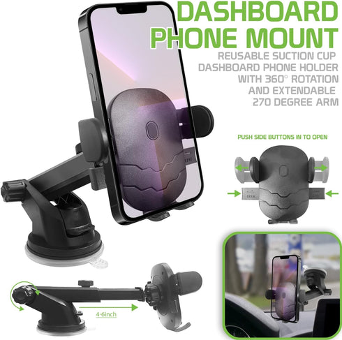 Cellet Dashboard Phone Mount, Reusable Suction Cup Holder with 360 Degree Rotation and Extendable 270 Degree Arm