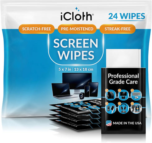 iCloth Screen Cleaner Wipes by Individually Wrapped Travel Size Streak-Free (24 Large Wipes)
