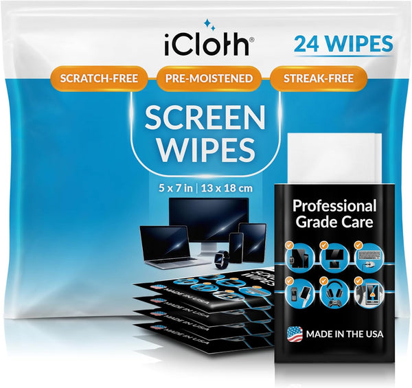 iCloth Screen Cleaner Wipes by Individually Wrapped Travel Size Streak-Free (24 Large Wipes)