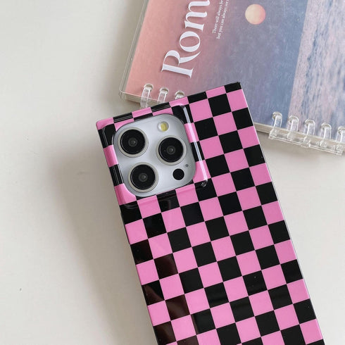 Pink Checkered Rectangle Phone Case for iPhone 15 Pro (6.1in) Slim Trendy Glossy Checkerboard Shockproof Cover
