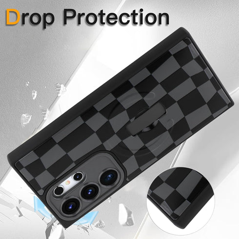 SOKAD S24 Magnetic Checkered Case for Samsung Galaxy Ultra with Finger Strap Kickstand, Compatible with Magsafe, Cute