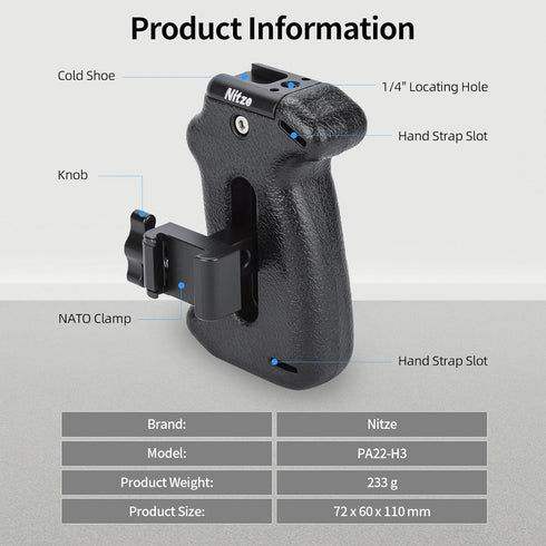 Nitze NATO Side Handle for Camera, Adjustable with Cold Shoe and 1/4" Locating Hole, PA22-H3