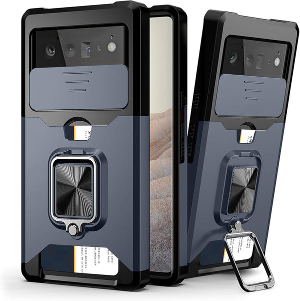 Google Pixel 6 2021 Case with Camera Cover & Kickstand, Slide Lens Cover, Rotate Ring Stand, Full Protect Blue