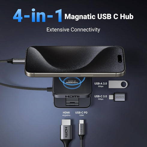UGREEN 4-in-1 4K@60Hz, 100W 17/16/15 S25 USB C Hub, Magnetic Adapter PD Charging, USB-A and USB-C Data Ports, Foldable
