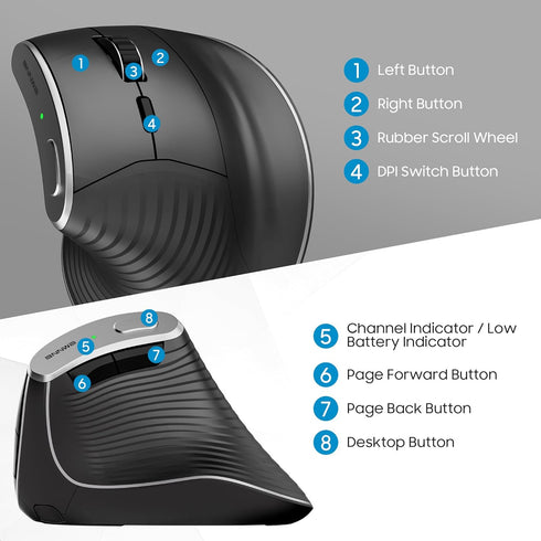 Wireless Vertical Ergonomic Mouse, Multi-Device Bluetooth + 2.4G Connection, 4 Adjustable DPI for PC, Laptop, Black