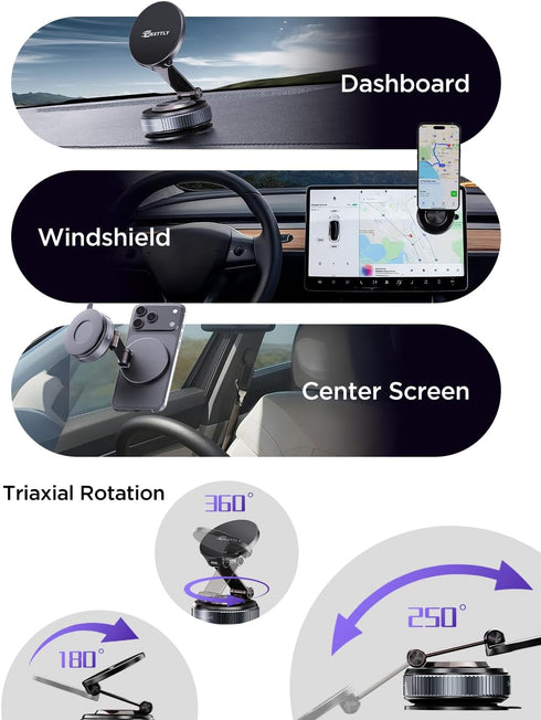MSXTTLY Mount360 2026 17 16 15 14 13 12, Car Phone Holder Magnetic Phone Adjustable Suction Magnets for MagSafe