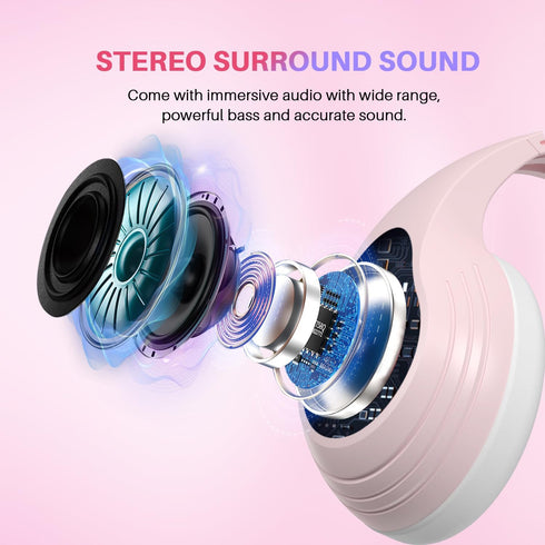 Pink Cat Ears Gaming Headset - Over Ear Wired Headphones with Microphone for PS4 Xbox One PS5 Controller, for PC