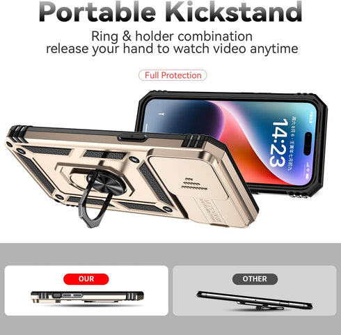 Hitaoyou iPhone 15 Pro Case with Camera Cover & Kickstand, Military Grade Shockproof Heavy Duty Protective Case