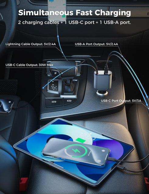 SUPERONE Upgraded 4 in 1 Retractable Car Charger, Fast Phone Charger with 2.6ft Cord, USB C and Apple Adapter