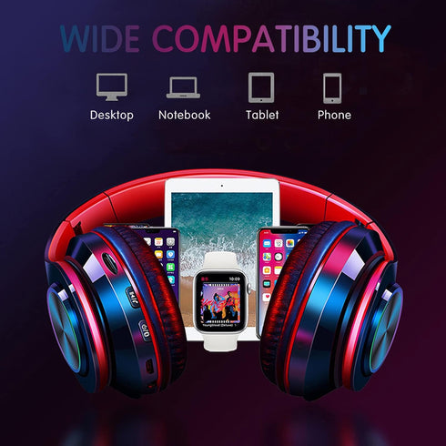 Bluetooth Wireless Over Ear Headphones, HiFi Stereo Sound Foldable Headphones with Colorful LED Lights, Built-in Mic,