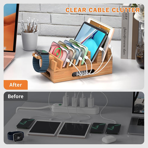 Pezin & Hulin Bamboo Charging Station Organizer for Multiple Devices & Wood Desktop Docking Stand for Cell Phone,